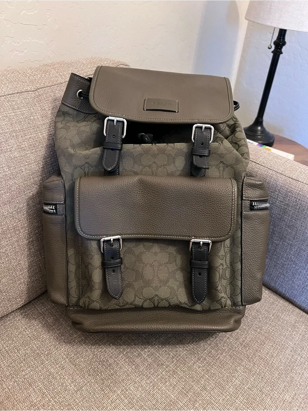 Coach Men’s Olive Green Signature Canvas Backpack with Leather Trim
